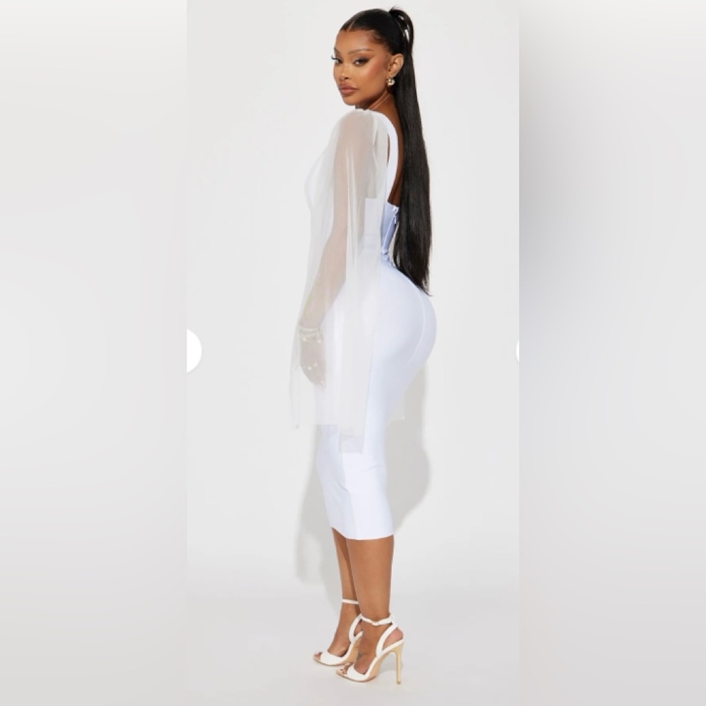 Chic White Midi Dress with Sheer Cape! - Picture 4 of 9
